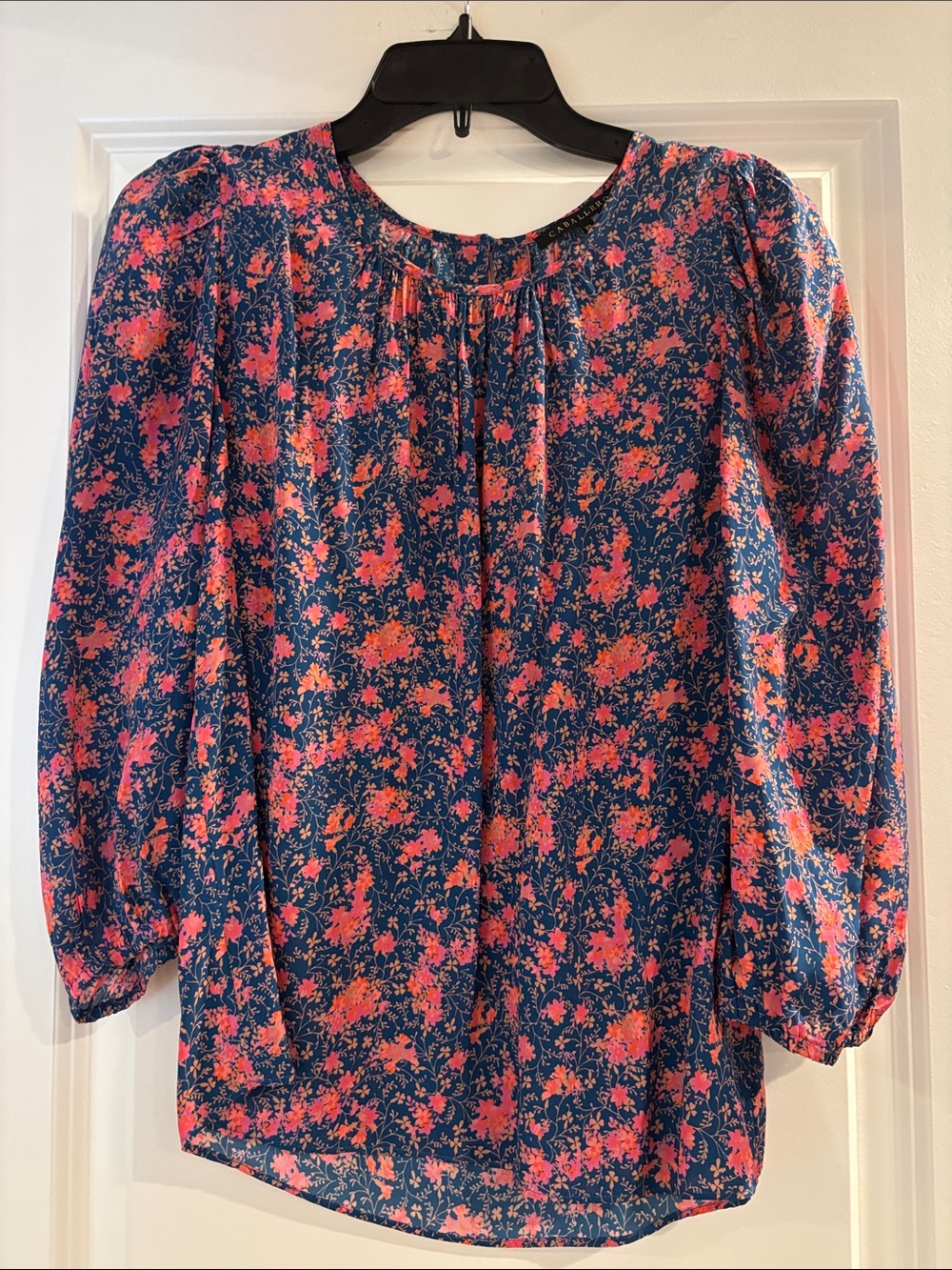 Navy Floral Three Quarter Sleeve Blouse with Pink Accents